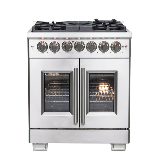 Forno Capriasca 30-Inch Freestanding French Door Dual Fuel Range, 4 Burners, True Convection Oven