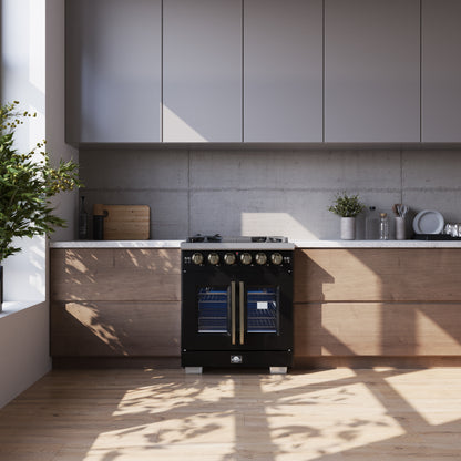 Forno Capriasca 30-Inch Freestanding French Door Gas Range, 4 Burners, Convection Oven, Energy Efficient