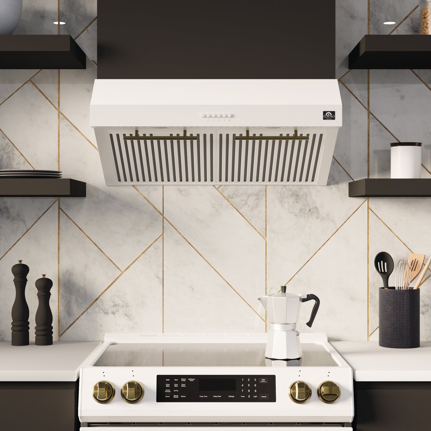 FORNO Premium 3-Piece Kitchen Bundle - Leonardo Espresso 30" White Range, 30" White Range Hood, 31" White Refrigerator - FBDL-001-03CA