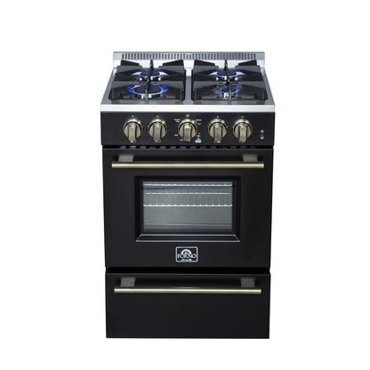 Forno Breno 24 Inch Freestanding Gas Range in Black with Antique Brass, Compact Design