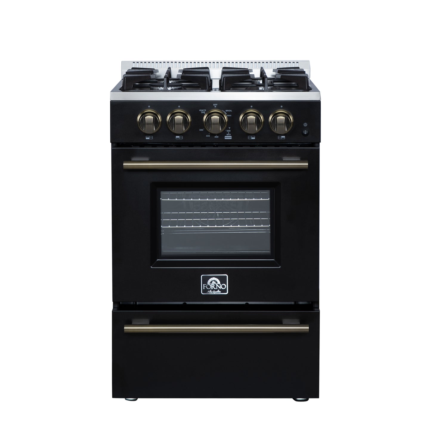 Forno Breno 24 Inch Freestanding Gas Range in Black with Antique Brass, Compact Design