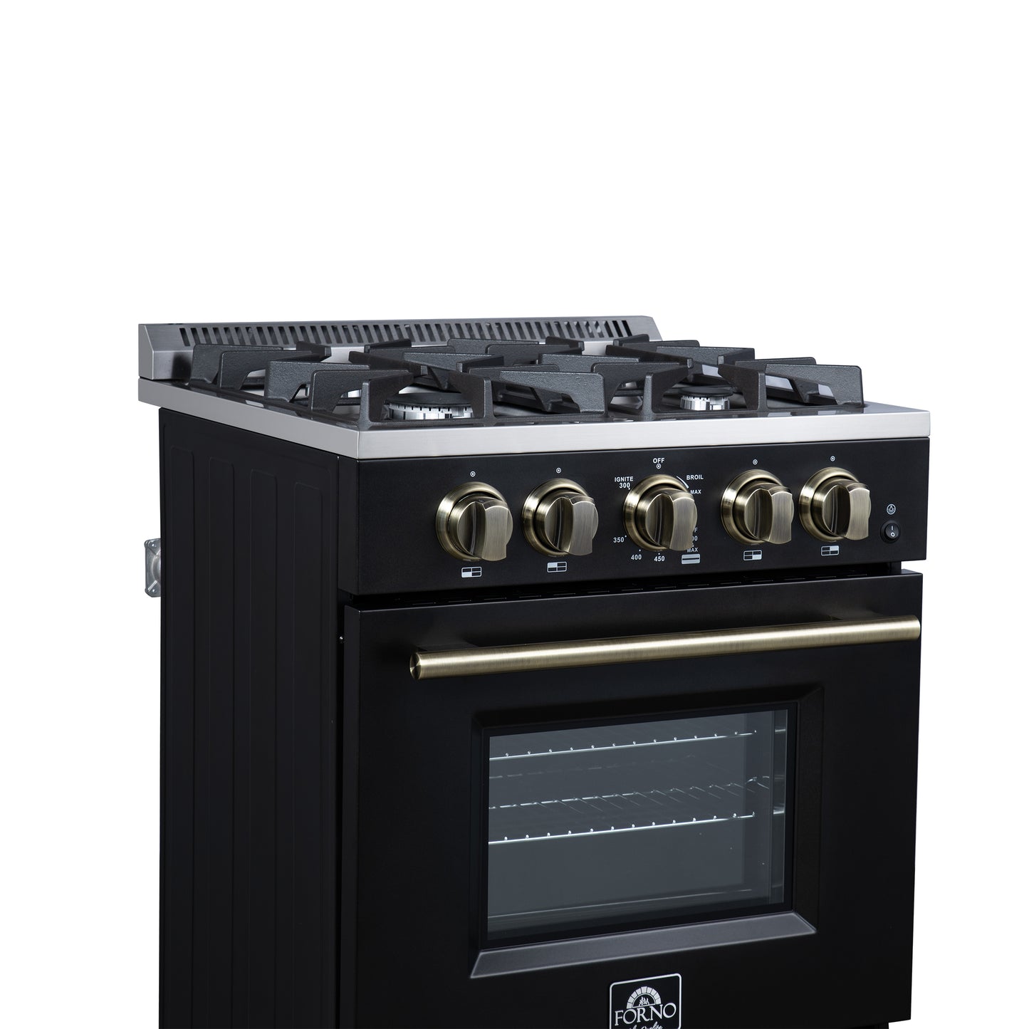Forno Breno 24 Inch Freestanding Gas Range in Black with Antique Brass, Compact Design