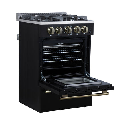 Forno Breno 24 Inch Freestanding Gas Range in Black with Antique Brass, Compact Design