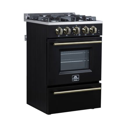 Forno Breno 24 Inch Freestanding Gas Range in Black with Antique Brass, Compact Design