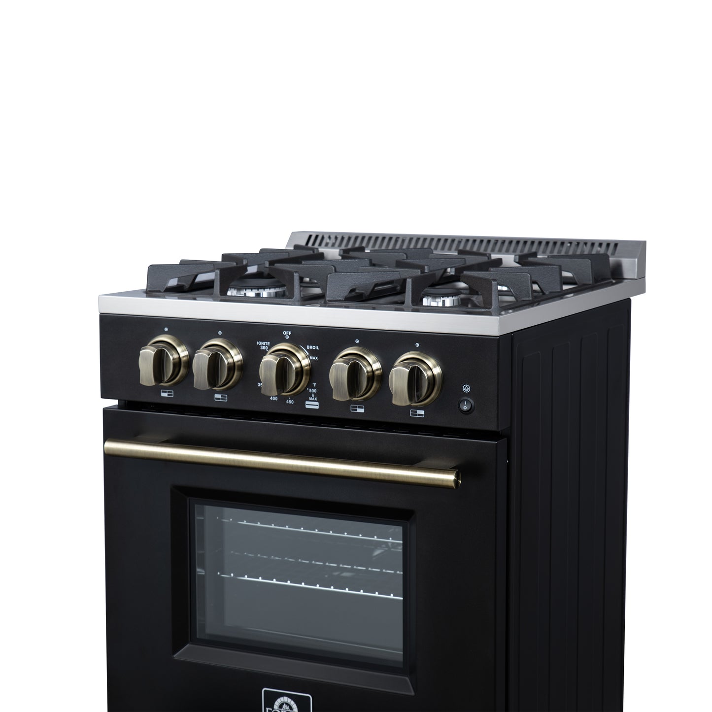 Forno Breno 24 Inch Freestanding Gas Range in Black with Antique Brass, Compact Design
