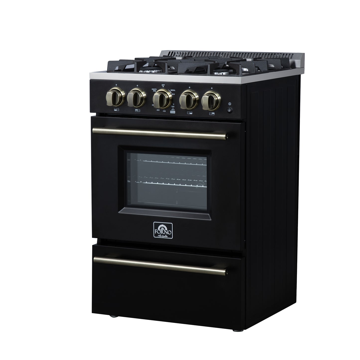 Forno Breno 24 Inch Freestanding Gas Range in Black with Antique Brass, Compact Design