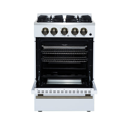 Forno Breno 24 Inch Freestanding Gas Range in White with Antique Brass, Compact Design