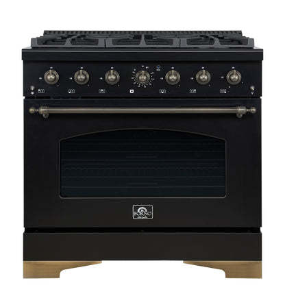 Forno Antico 36-Inch Freestanding Gas Range, Black, Antique Brass Design, 6 Burners, Convection Oven, Energy Efficient