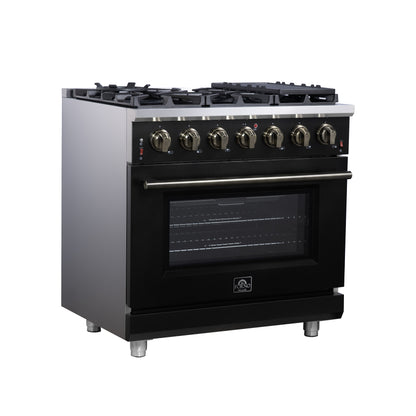 Forno Massimo 36-Inch Black Freestanding Gas Range, 6 Sealed Burners, Convection Oven, Energy Efficient