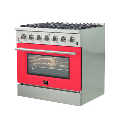 Forno Galiano 36-Inch Freestanding Gas Range, Stainless Steel, 6 Burners, Energy Efficient, Red Door