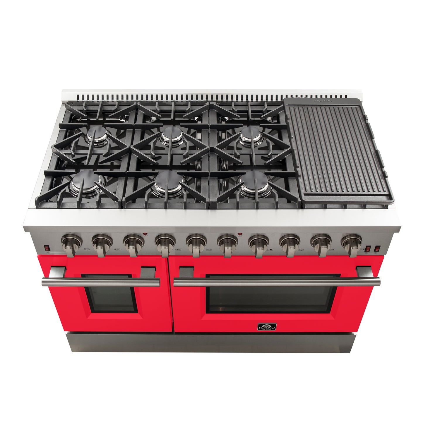 Forno Galiano 48-Inch Freestanding Gas Range, Stainless Steel, 8 Burners, 107,000 BTU, Griddle, Double Ovens, Energy Efficient, Red Doors