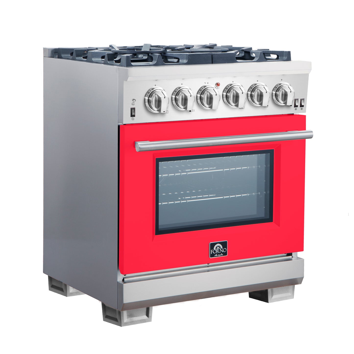 Forno Capriasca 30-Inch Freestanding Gas Range, 4 Burners, True Convection Oven, Red Door