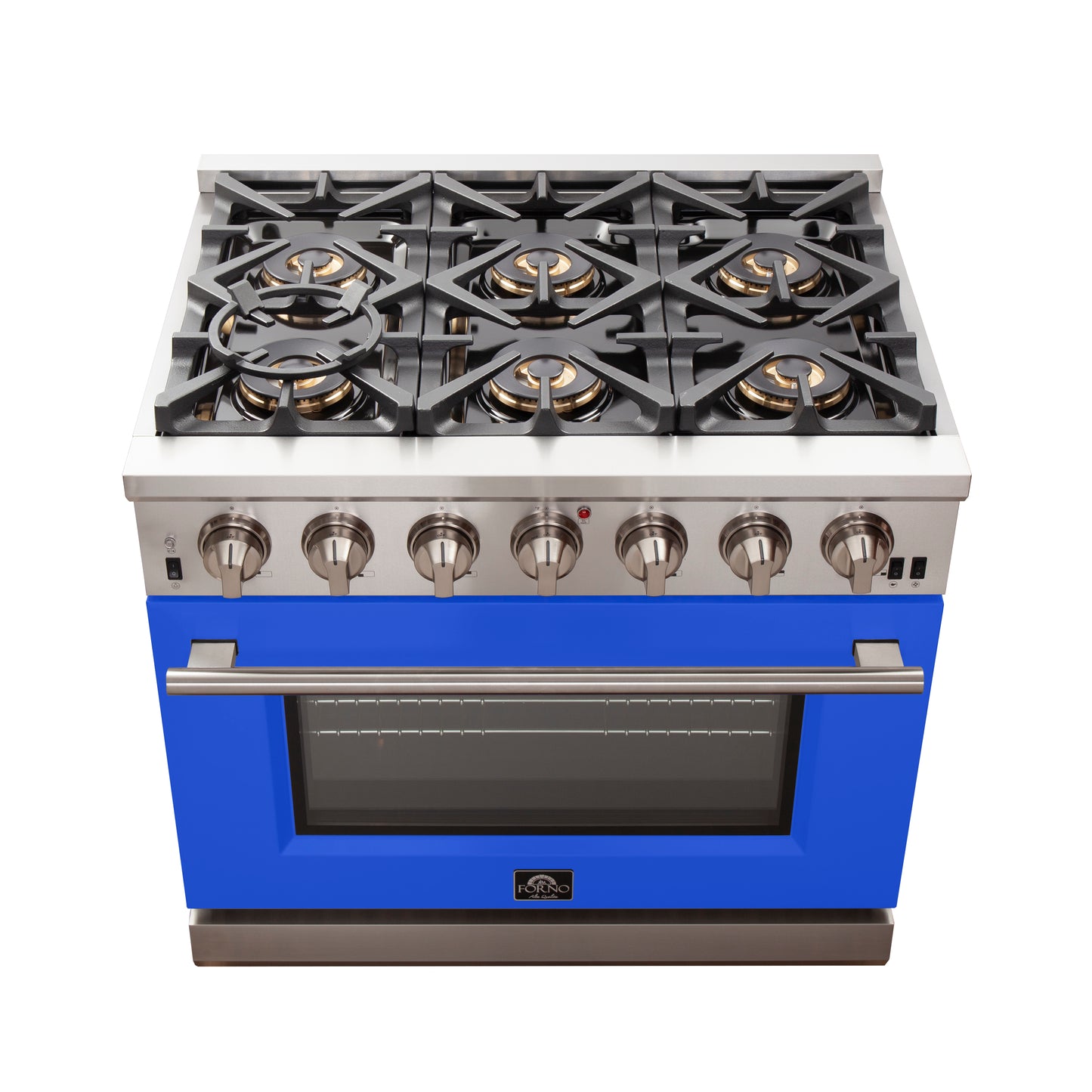 Forno Capriasca 36-Inch Gas Range, Stainless Steel, 6 Brass Burners, 120,000 BTU, Convection Oven, Energy Efficient, Blue Door