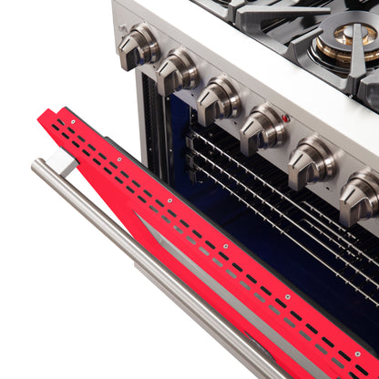 Forno Capriasca 36-Inch Gas Range, Stainless Steel, 6 Brass Burners, 120,000 BTU, Convection Oven, Energy Efficient, Red Door