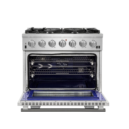 Forno Capriasca 36-Inch Gas Range, Stainless Steel, 6 Brass Burners, 120,000 BTU, Convection Oven, Energy Efficient