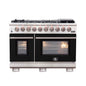 FORNO Capriasca 48-inch Gas Range Stainless Steel, 8 Brass Burners 160,000 BTU, 6.58 cu.ft. Double Oven, Black Doors