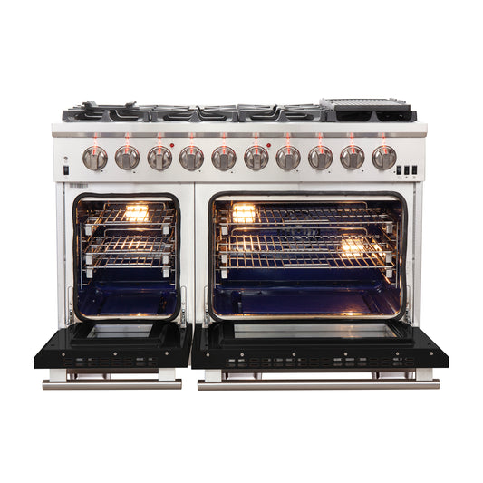 FORNO Capriasca 48-inch Gas Range Stainless Steel, 8 Brass Burners 160,000 BTU, 6.58 cu.ft. Double Oven, Black Doors