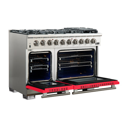 FORNO Capriasca 48-inch Gas Range Stainless Steel, 8 Brass Burners 160,000 BTU, 6.58 cu.ft. Double Oven, Red Doors