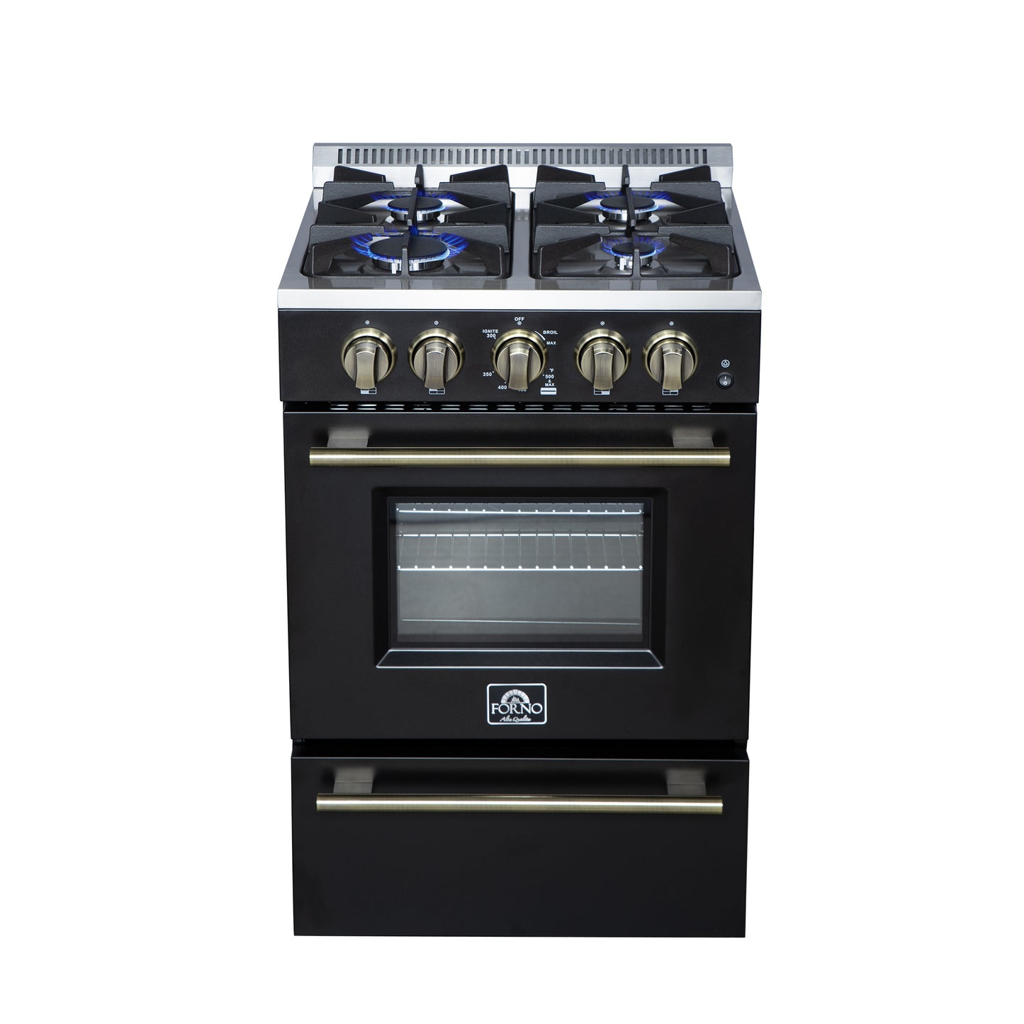 Forno Breno 24 Inch Freestanding Gas Range in Black with Antique Brass, Plug Included, Energy Efficient