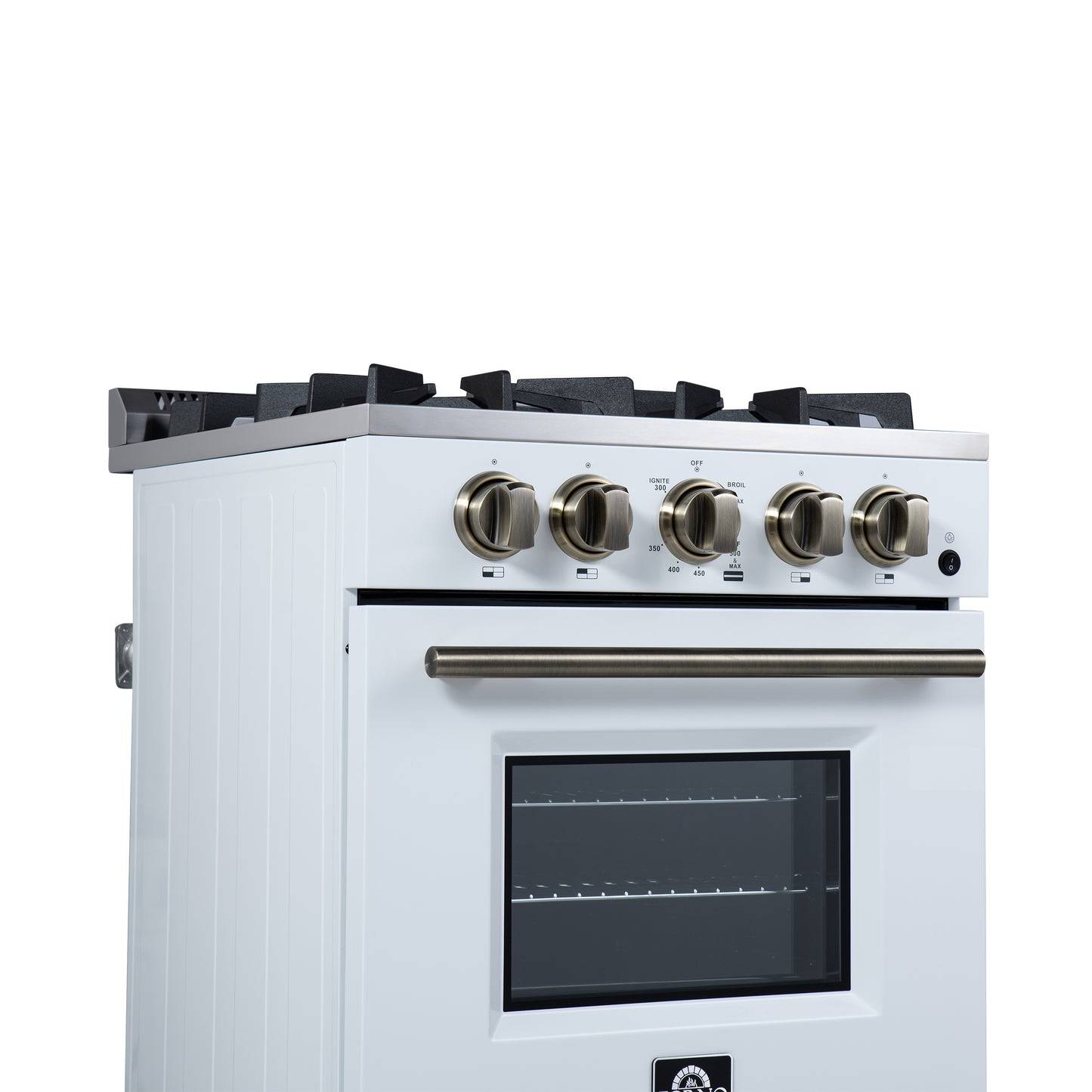 Forno Breno 24 Inch Freestanding Gas Range in White with Antique Brass, Plug Included, Energy Efficient