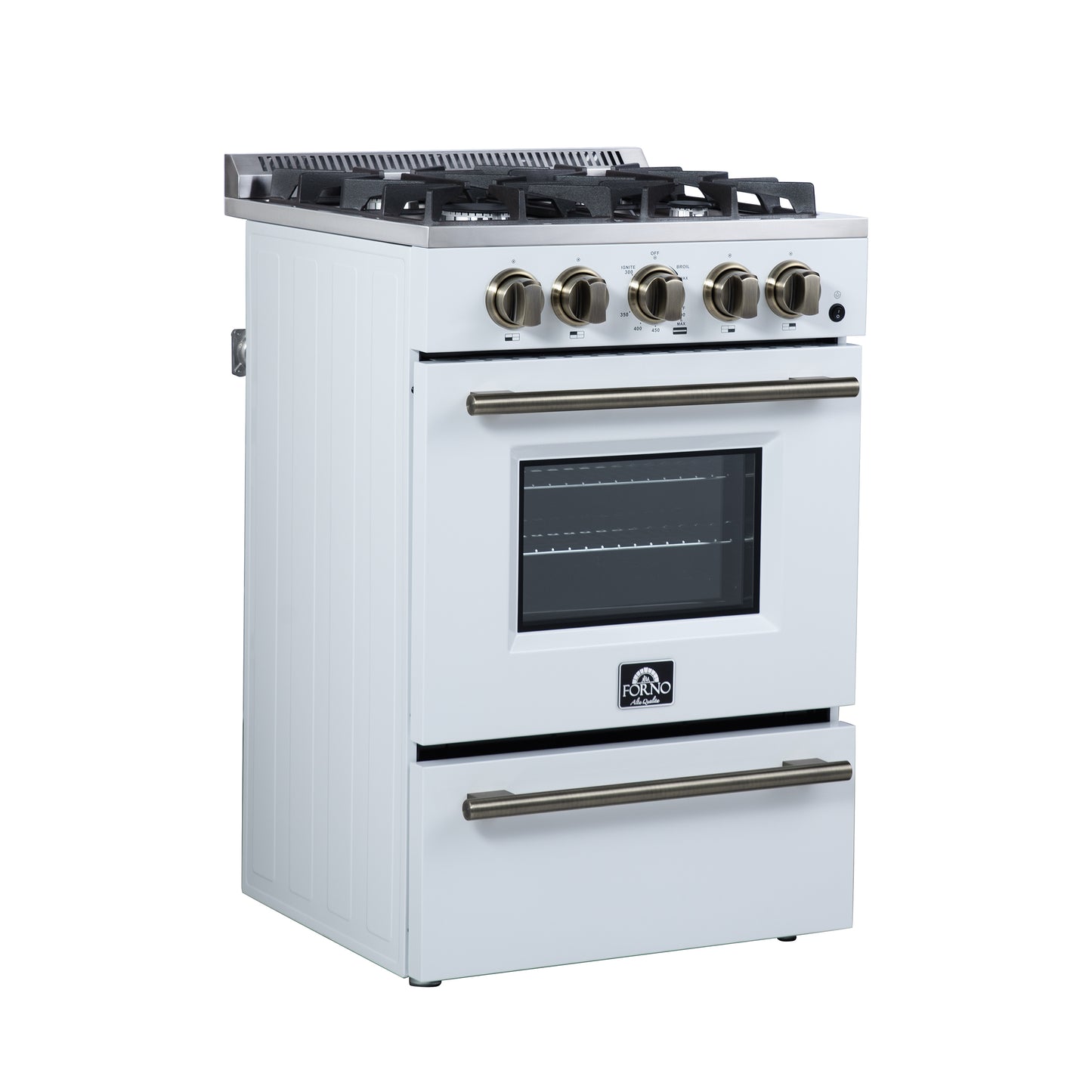Forno Breno 24 Inch Freestanding Gas Range in White with Antique Brass, Plug Included, Energy Efficient