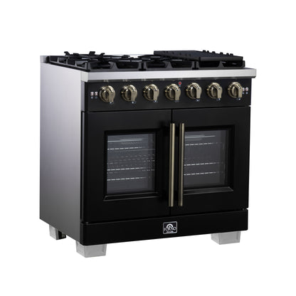Forno Capriasca 36-Inch Black Freestanding French Door Gas Range, 6 Burners, Convection Oven, Energy Efficient