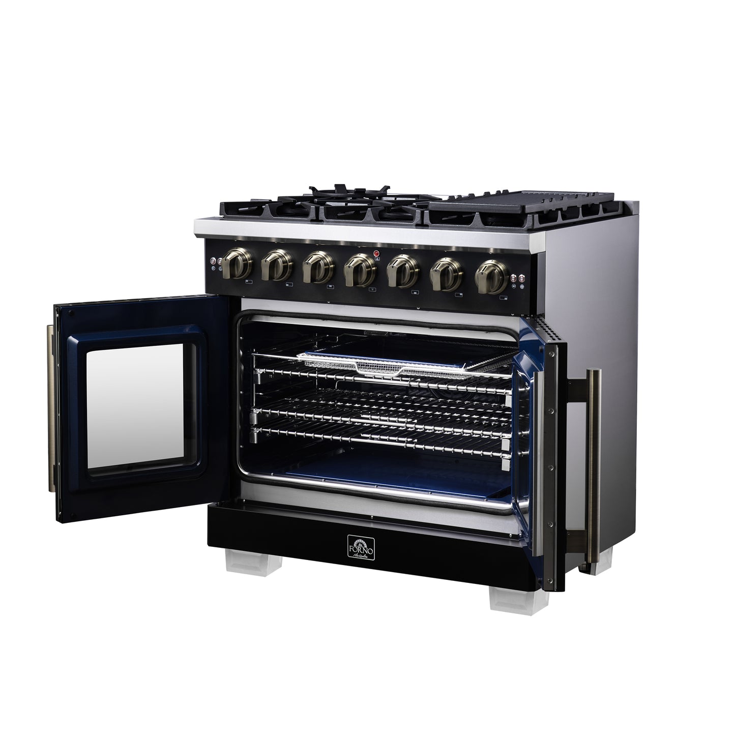 Forno Capriasca 36-Inch Black Freestanding French Door Gas Range, 6 Burners, Convection Oven, Energy Efficient