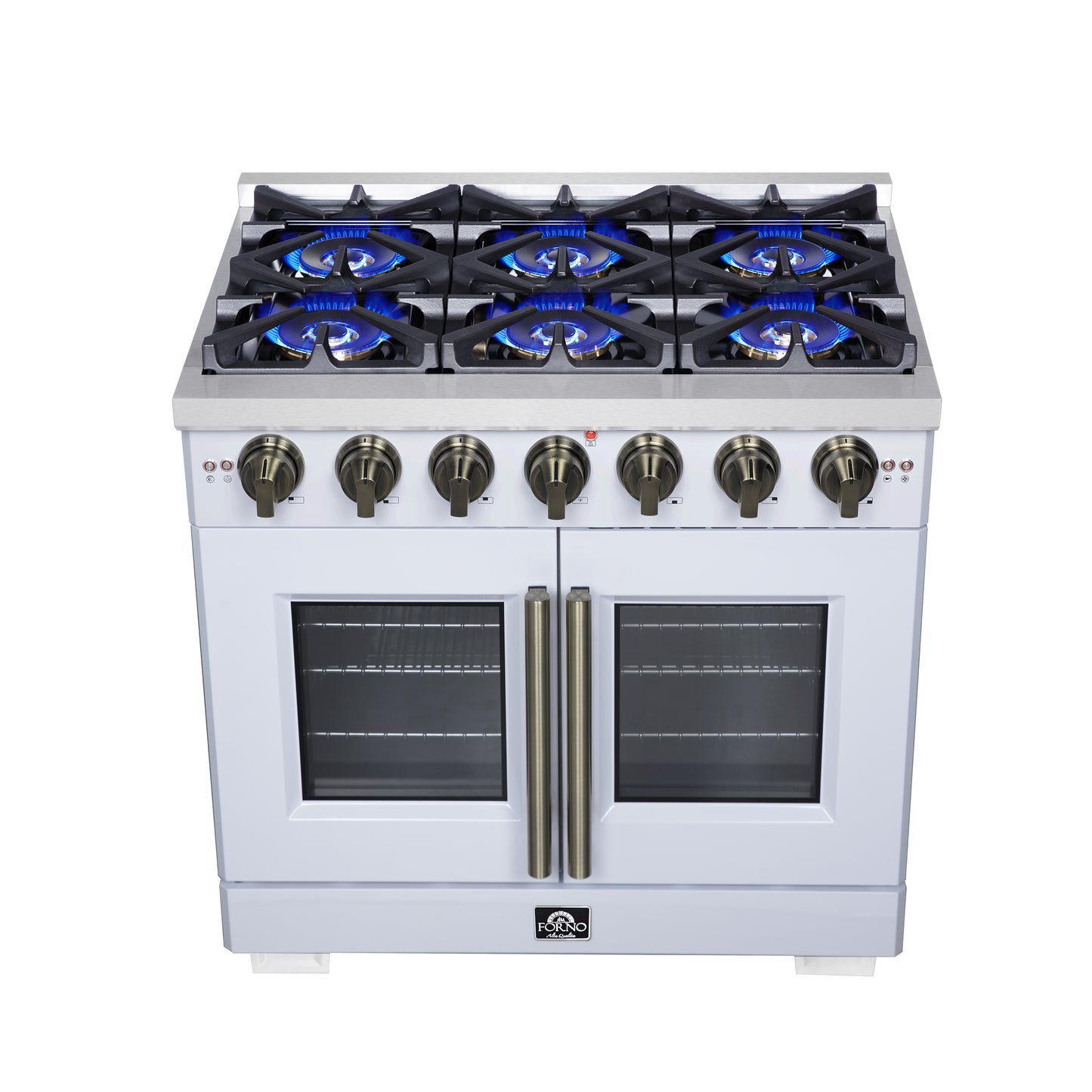 Forno Capriasca 36-Inch White Freestanding French Door Gas Range, 6 Burners, Convection Oven, Energy Efficient