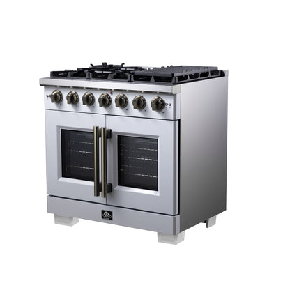 Forno Capriasca 36-Inch White Freestanding French Door Gas Range, 6 Burners, Convection Oven, Energy Efficient
