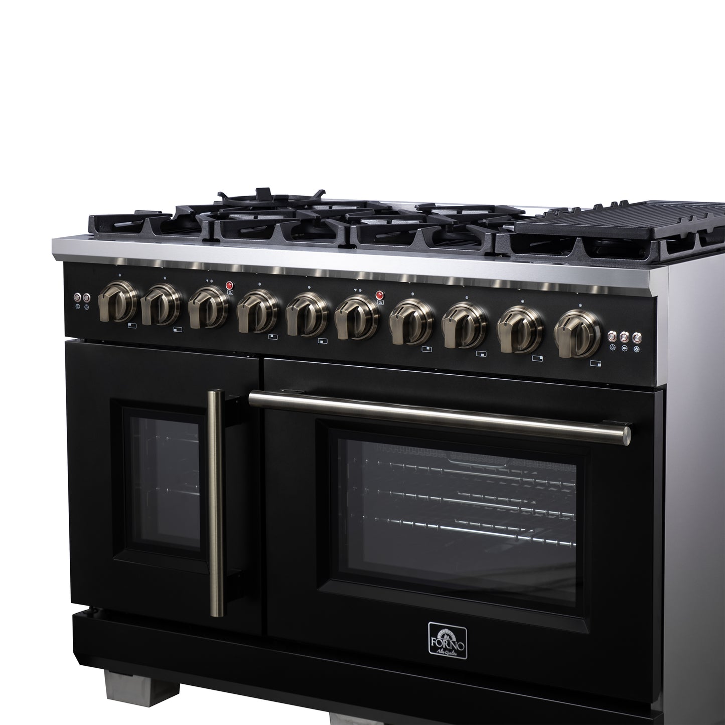 Forno Capriasca 48-Inch Black Freestanding French Door Gas Range, 8 Burners, Convection Oven, Energy Efficient