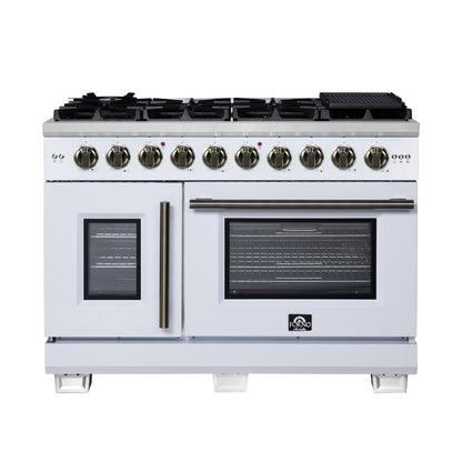 Forno Capriasca 48-Inch White Freestanding French Door Gas Range, 8 Burners, Convection Oven, Energy Efficient