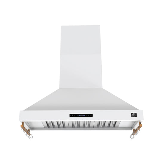 Forno Venezia 48 Inch Wall-Mounted Range Hood in White with Antique Brass Accessories, Touch Controls and Baffle Filters