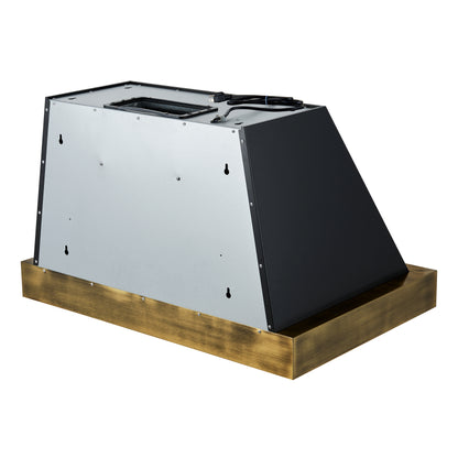 Forno Vittorio 36-Inch Wall Mount Range Hood, Black with Antique Brass Trim, 600 CFM Airflow, Dishwasher-Safe Baffle Filters, Remote Control, 3-Speed Fan, Bright LED Lighting.