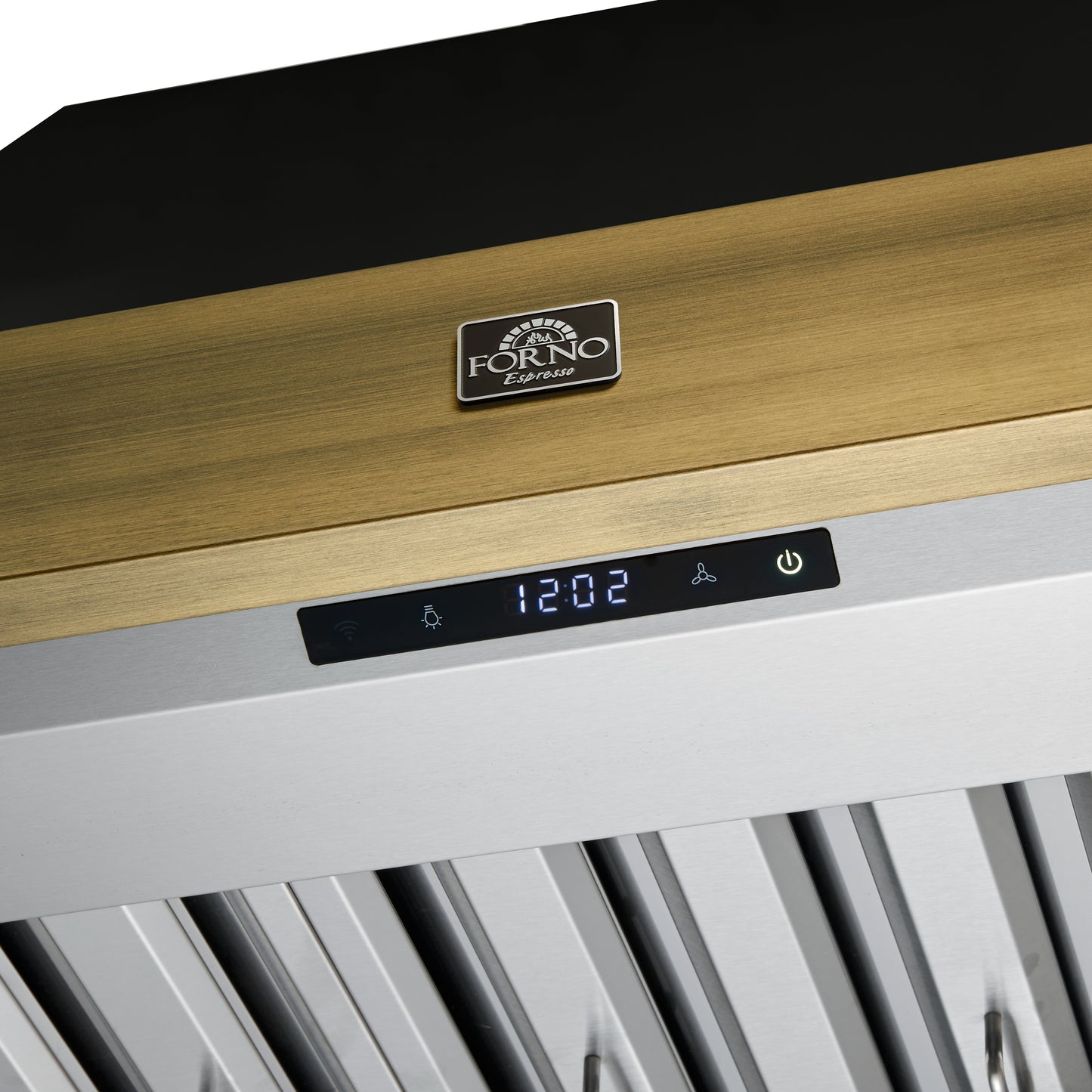 Forno Vittorio 36-Inch Wall Mount Range Hood, Black with Antique Brass Trim, 600 CFM Airflow, Dishwasher-Safe Baffle Filters, Remote Control, 3-Speed Fan, Bright LED Lighting.