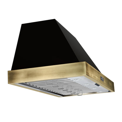 Forno Vittorio 48-Inch Wall Mount Range Hood, Black with Antique Brass Trim, 600 CFM Airflow, Dishwasher-Safe Baffle Filters, Remote Control, 3-Speed Fan, Bright LED Lighting.