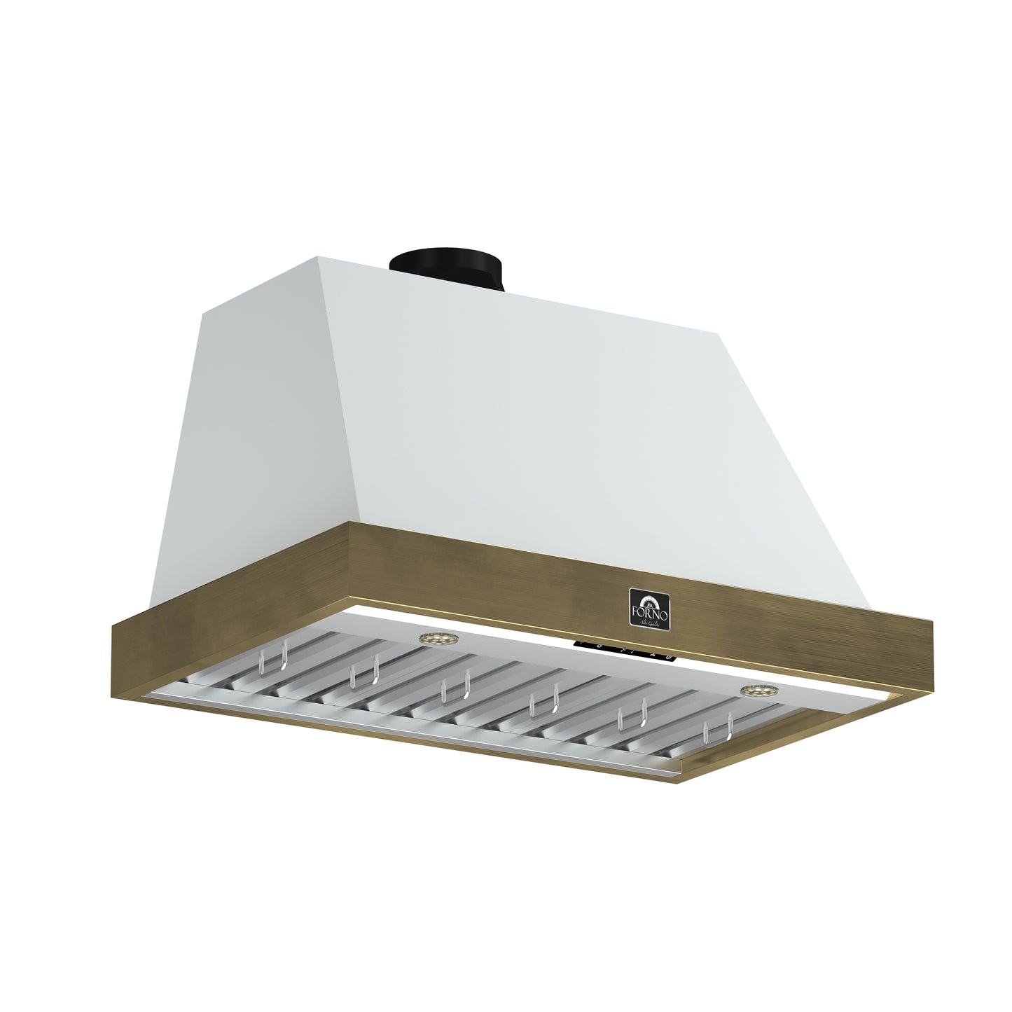 Forno Vittorio 36-Inch Wall Mount Range Hood, White with Antique Brass Trim, 600 CFM Airflow, Dishwasher-Safe Baffle Filters, Remote Control, 3-Speed Fan, Bright LED Lighting.