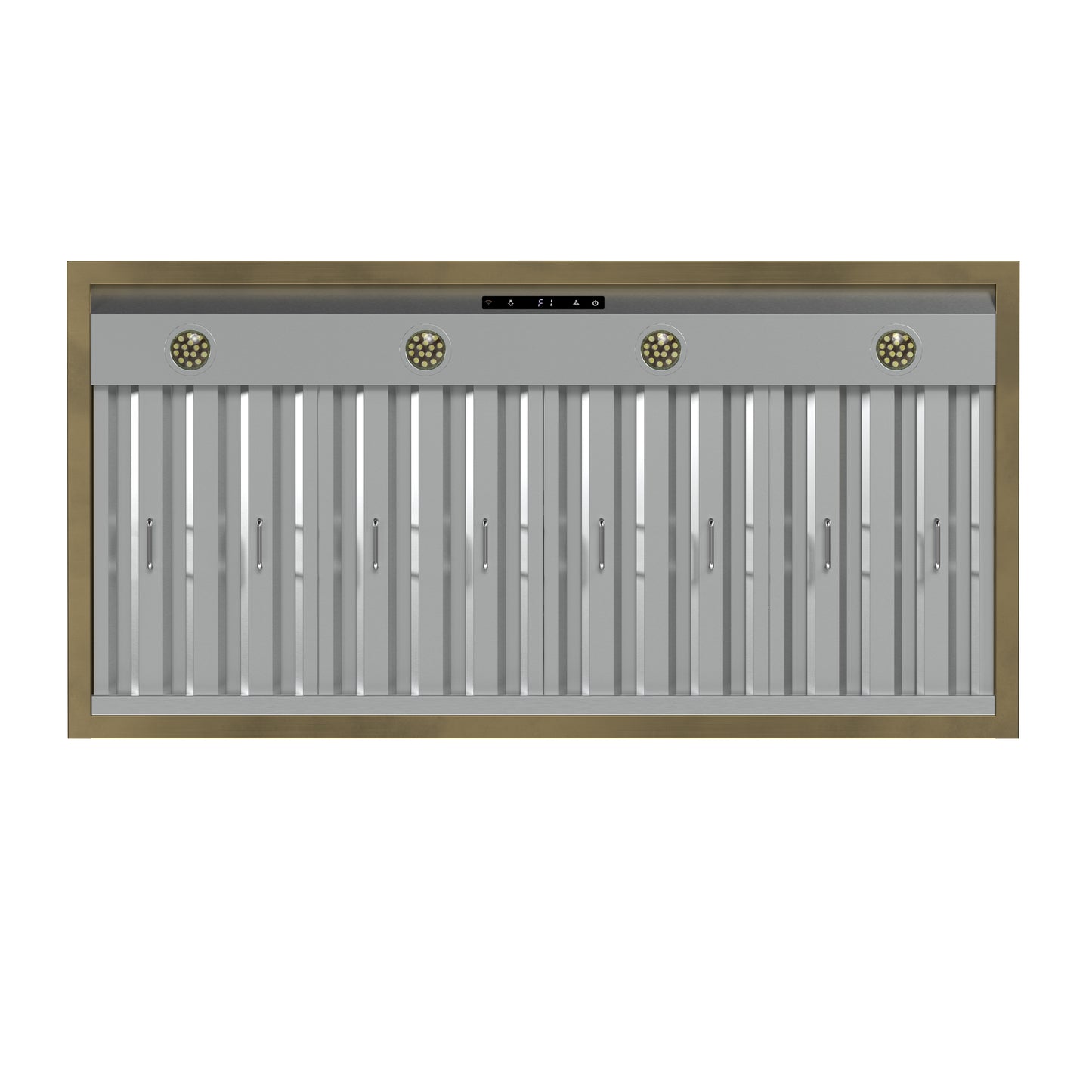 Forno Vittorio 48-Inch Wall Mount Range Hood, Black with Antique Brass Trim, 600 CFM Airflow, Dishwasher-Safe Baffle Filters, Remote Control, 3-Speed Fan, Bright LED Lighting.