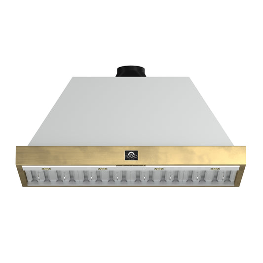 Forno Vittorio 48-Inch Wall Mount Range Hood, White with Antique Brass Trim, 600 CFM Airflow, Dishwasher-Safe Baffle Filters, Remote Control, 3-Speed Fan, Bright LED Lighting
