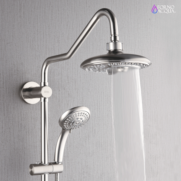 Forno Acqua AcquaSPA Retrofit Shower, Overhead Rainfall, 8 Inch Shower Head, Handheld Shower Head, Body Jets, 6 Way Diverter, Brushed Nickel Finish, 2.5 GPM Flow Rate