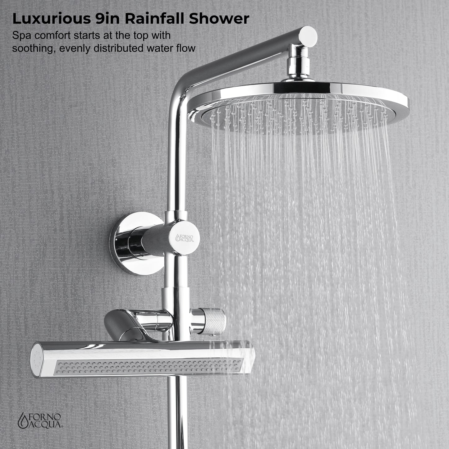 Forno Acqua AcquaFALL Shower, Polished Stainless Steel Finish, Overhead Rainfall Shower, Handheld Shower Head, Body Jets, 2.5 GPM Flow Rate