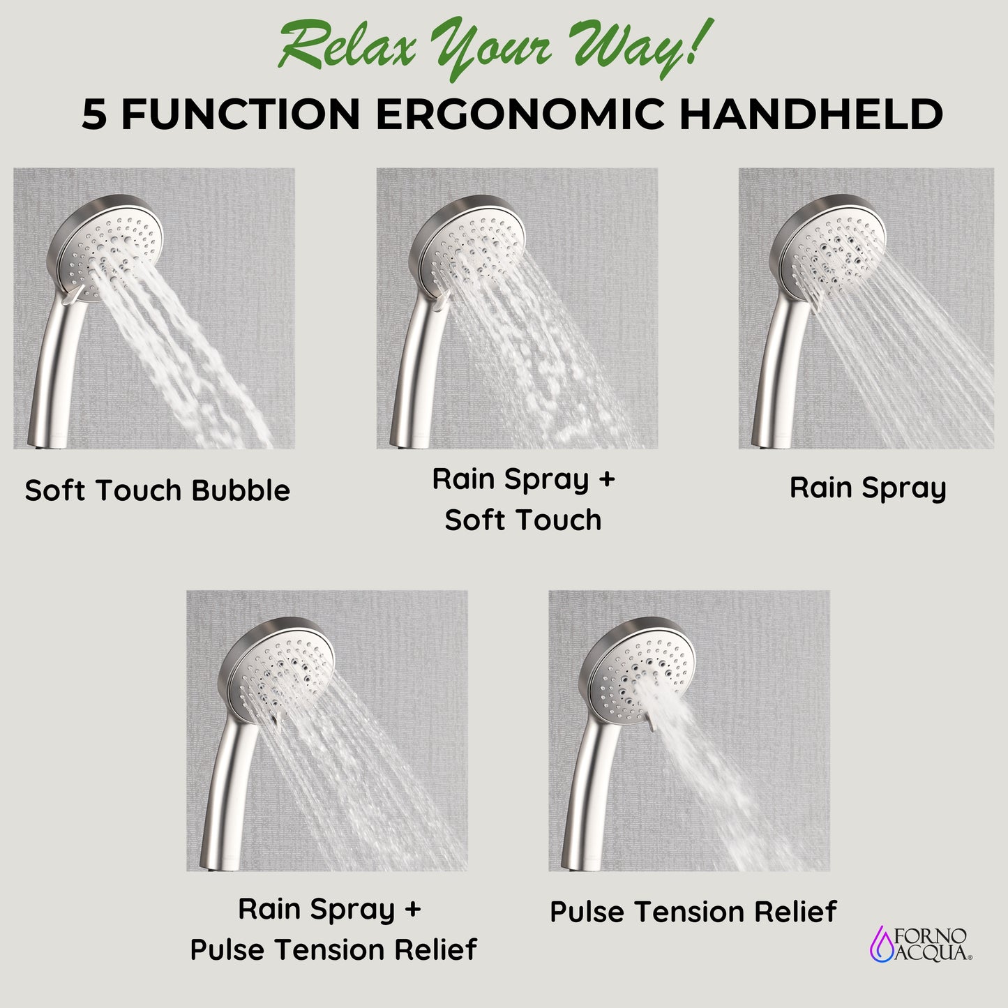 Forno Acqua AcquaFALL Shower, Polished Stainless Steel Finish, Overhead Rainfall Shower, Handheld Shower Head, Body Jets, 2.5 GPM Flow Rate