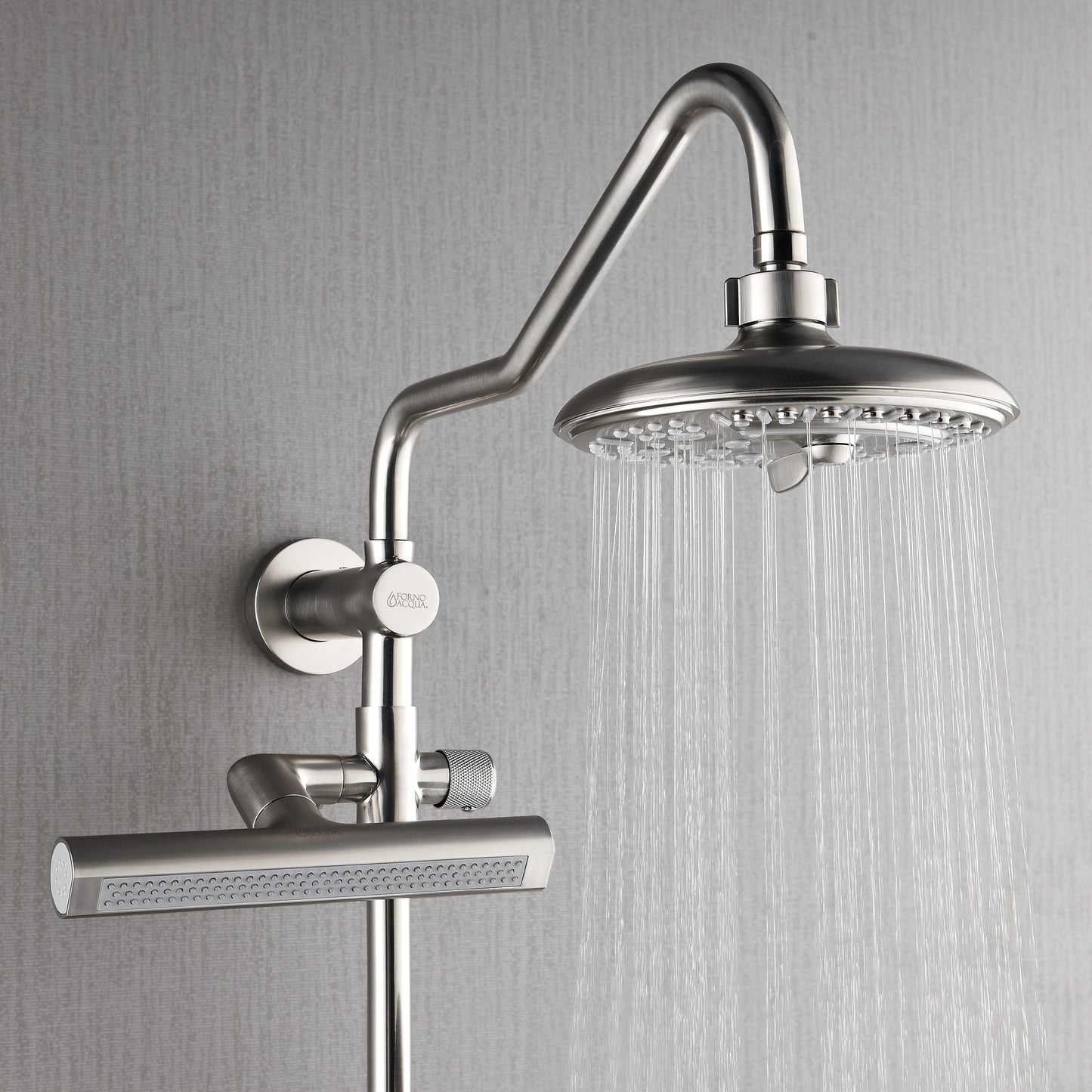 Forno Acqua AcquaFALL Shower, Brushed Nickel Finish, Overhead Rainfall Shower, 7 Way Diverter, Handheld Shower Head, Body Jets, 2.5 GPM Flow Rate