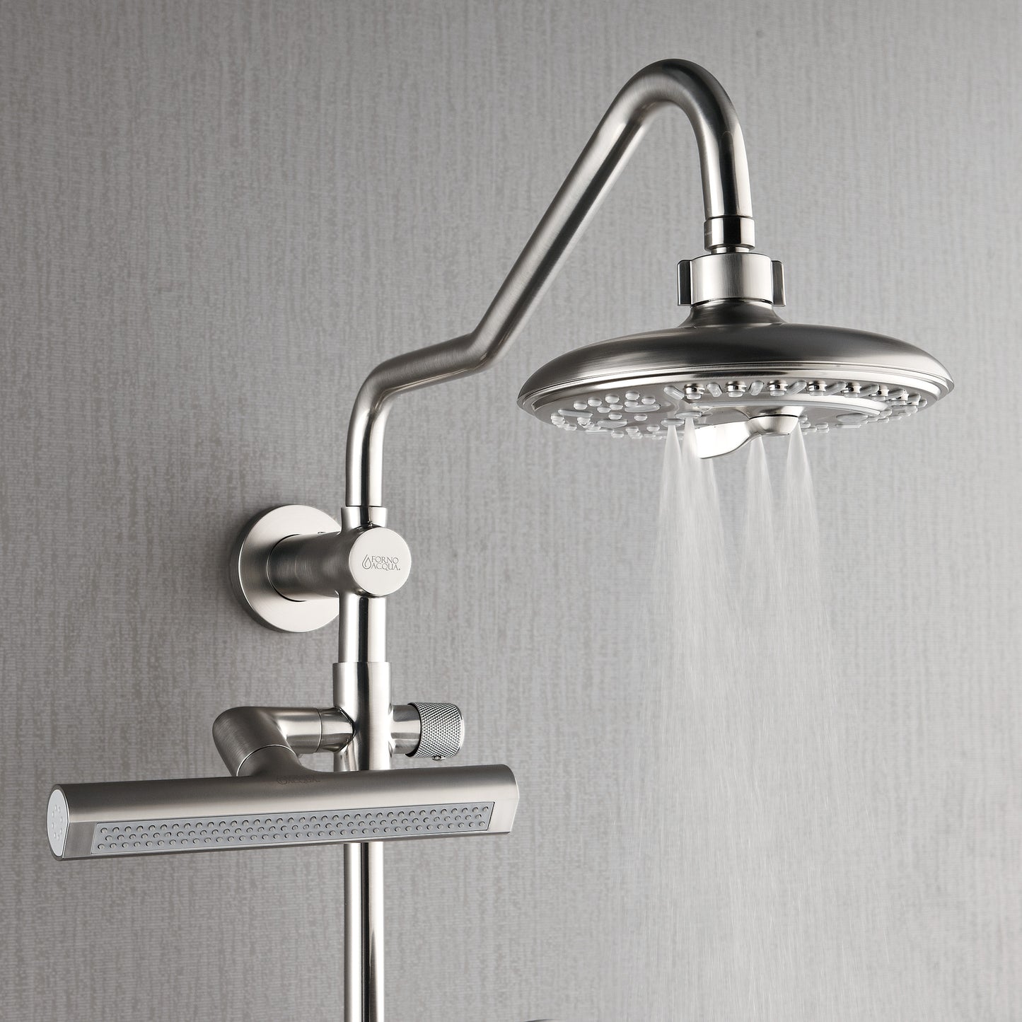 Forno Acqua AcquaFALL Shower, Brushed Nickel Finish, Overhead Rainfall Shower, 7 Way Diverter, Handheld Shower Head, Body Jets, 2.5 GPM Flow Rate