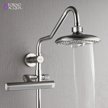 Forno Acqua AcquaFALL Shower, Brushed Nickel Finish, Overhead Rainfall Shower, 7 Way Diverter, Handheld Shower Head, Body Jets, 2.5 GPM Flow Rate
