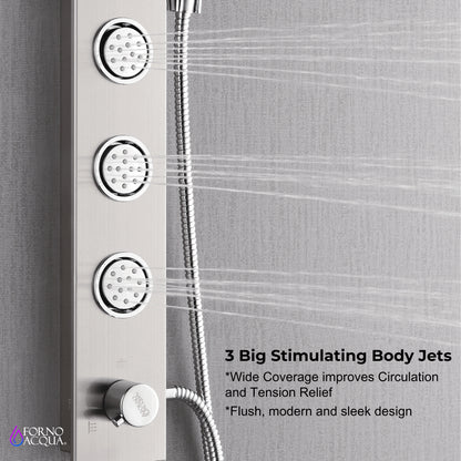 Forno Acqua AcquaSPA Shower Panel in Stainless Steel, Overhead Rainfall Shower, Handheld Shower Head, Body Jets, 6 Way Diverter, 2.5 GPM Flow Rate