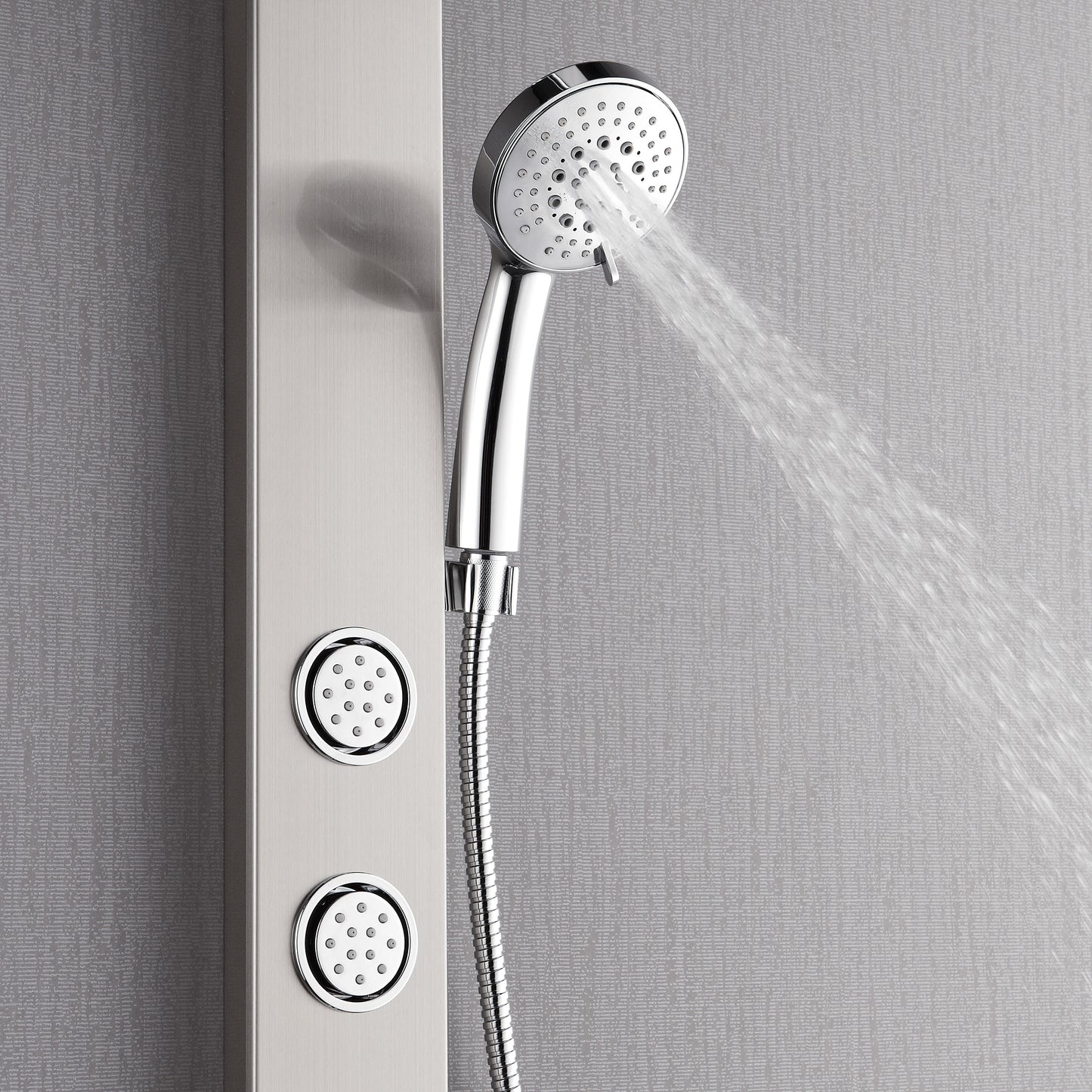 Forno Acqua AcquaSPA Shower Panel in Stainless Steel, Overhead Rainfall Shower, Handheld Shower Head, Body Jets, 1.8 GPM Flow Rate