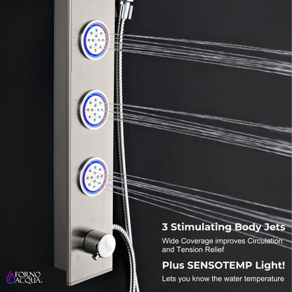 Forno Acqua AcquaSPA Shower Panel with SensoTemp, Stainless Steel, Overhead Rainfall Shower, Handheld Shower Head, Body Jets, 1.8 GPM Flow Rate