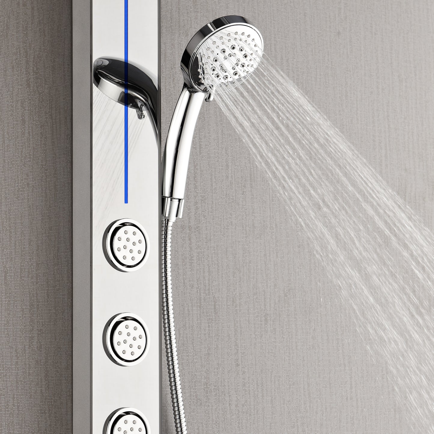 Forno Acqua AcquaSPA Shower Panel with SensoTEMP, Mirrored Stainless Steel Finish, Overhead Rainfall Shower, Handheld Shower Head, Body Jets, 1.8 GPM Flow Rate