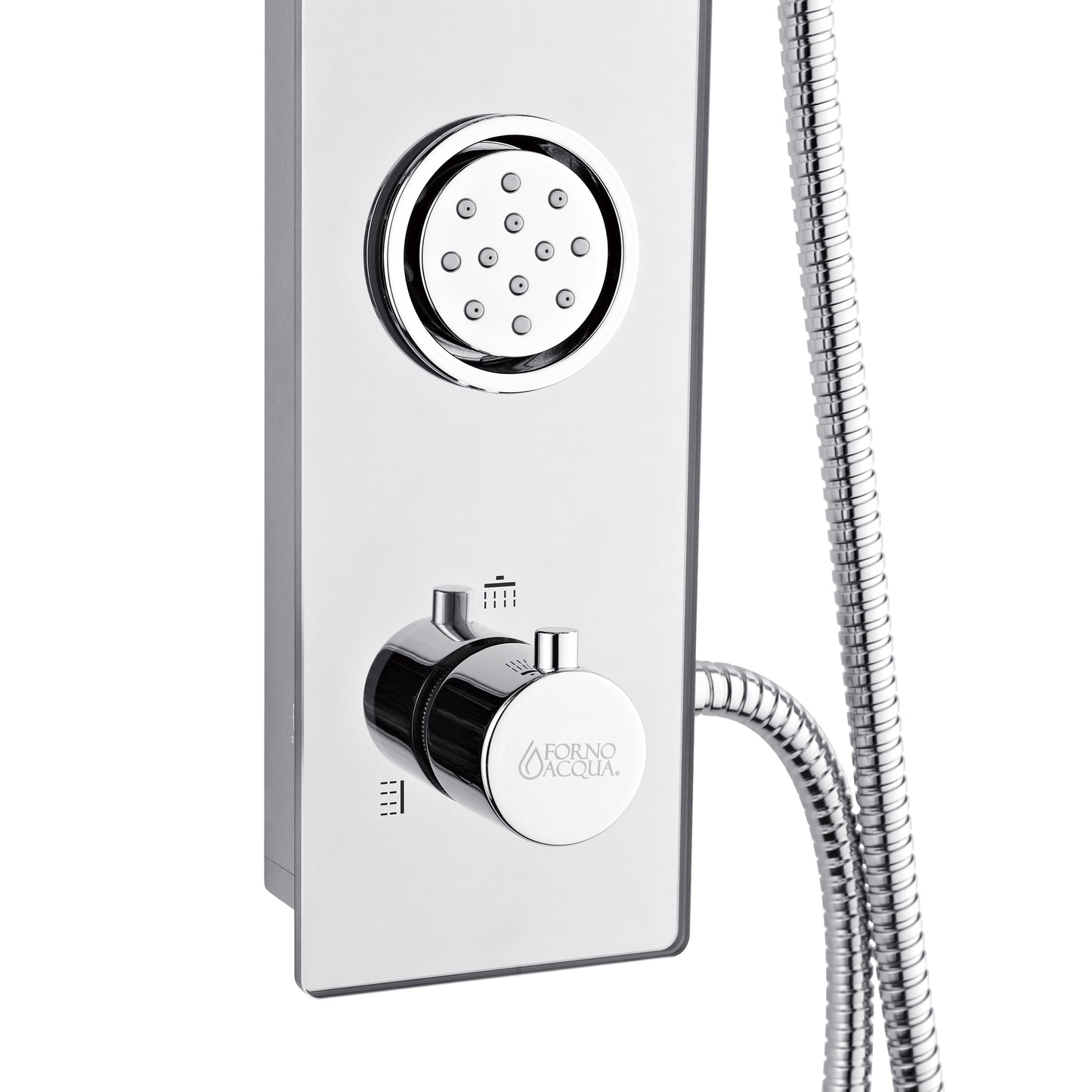 Forno Acqua AcquaSPA Shower Panel with SensoTEMP, Mirrored Stainless Steel Finish, Overhead Rainfall Shower, Handheld Shower Head, Body Jets, 2.5 GPM Flow Rate