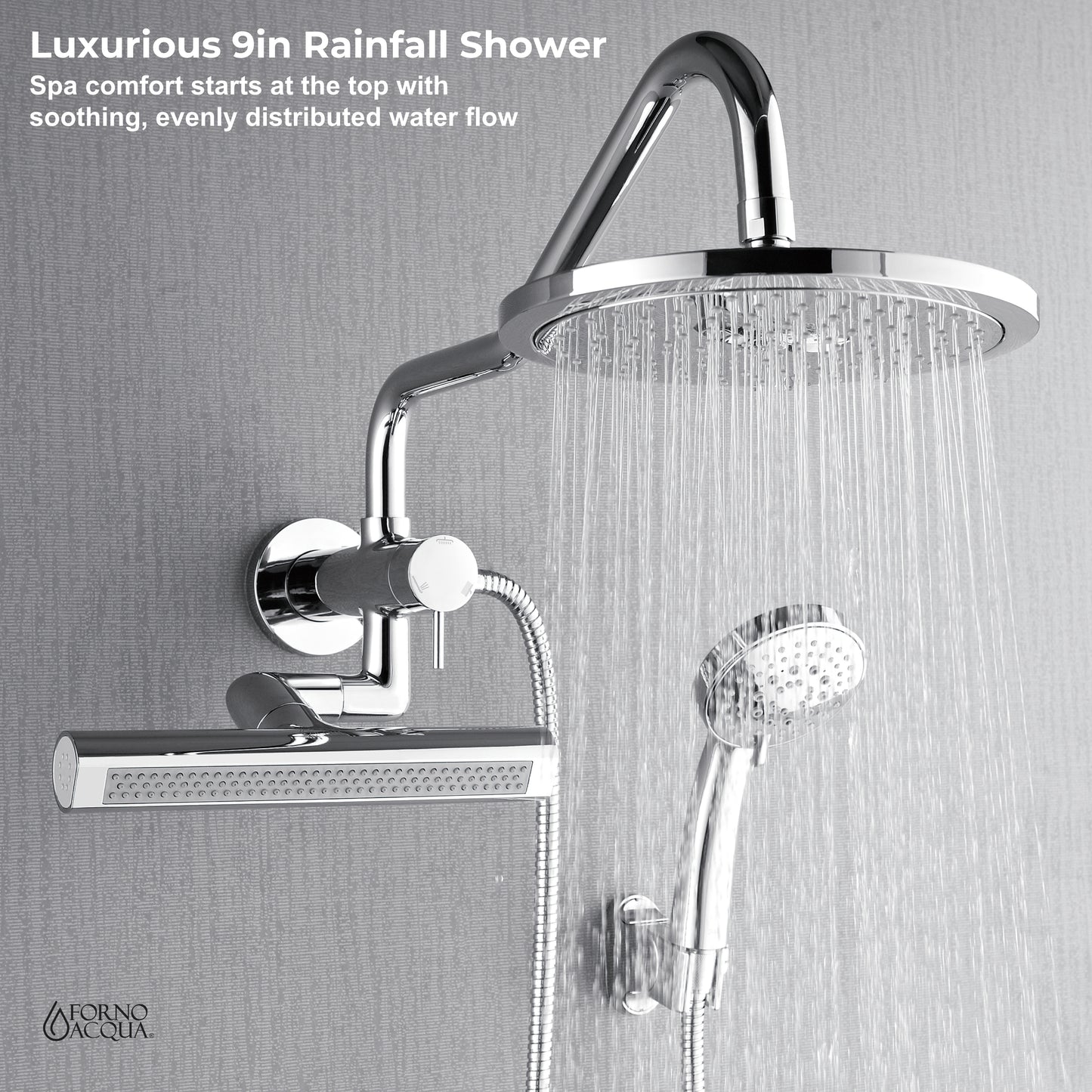 Forno Acqua AcquaFALL Mini Shower Head, Polished Stainless Steel Finish, Overhead Rainfall Shower, 7 Way Diverter, Handheld Shower Head, Body Jets, 1.8 GPM Flow Rate